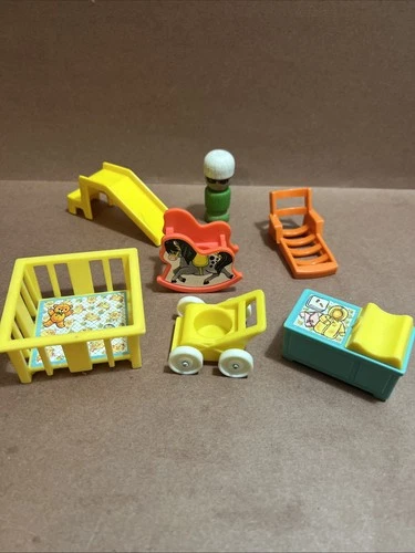 Vintage Fisher Price Little People Baby Crib Stroller Wooden Rocking Horse