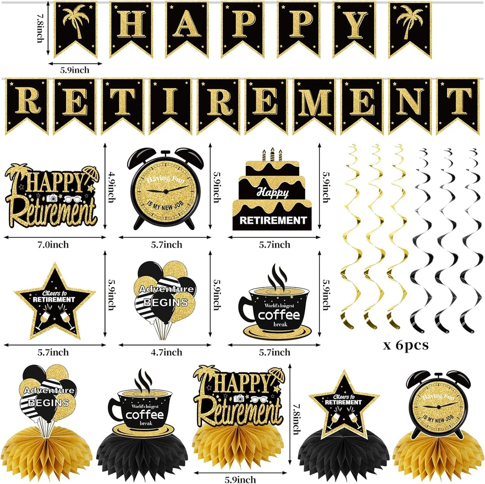Kit de 20 PIEZAS Feliz Retiro Fiesta Decoraciones para Hombres Mujeres, Negro Dorado Retiro Foto 2 de 4