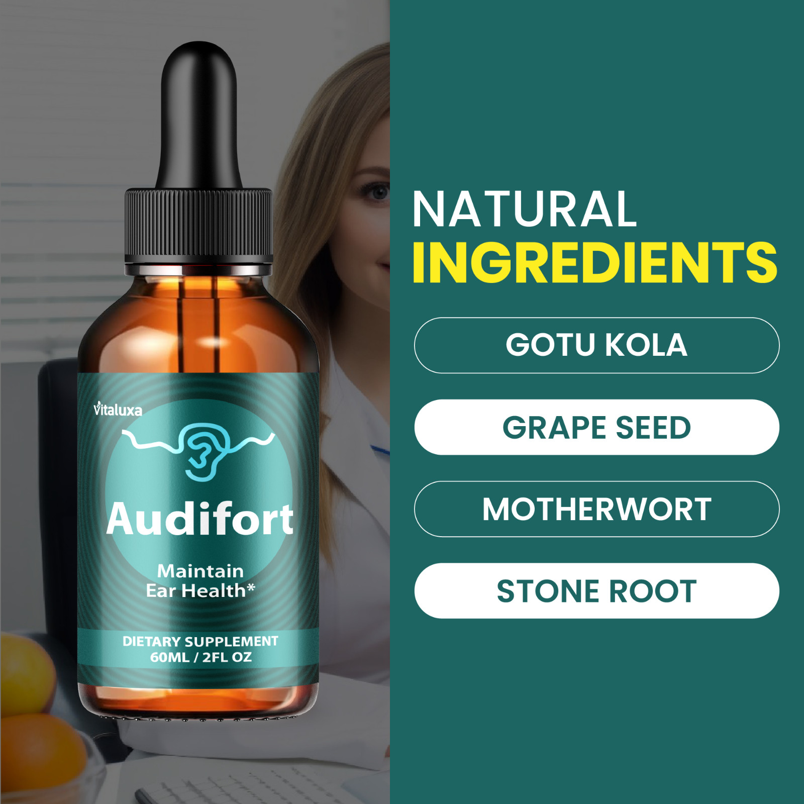 Audifort Liquid Drops, Advanced Ear Health and Hearing Support Formula (2oz)