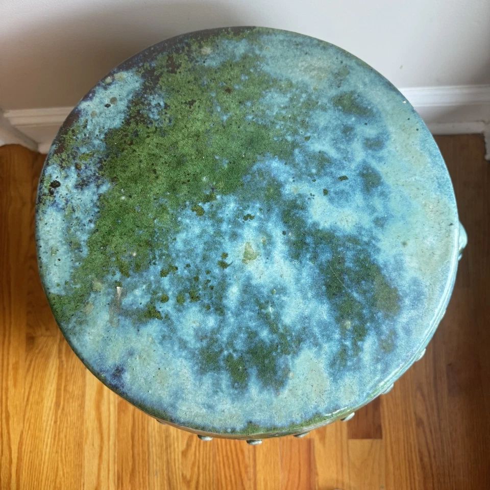 Taburete de jardín de cerámica patrón de loto redondo esmalte turquesa verde de colección PESADO Foto 4 de 4