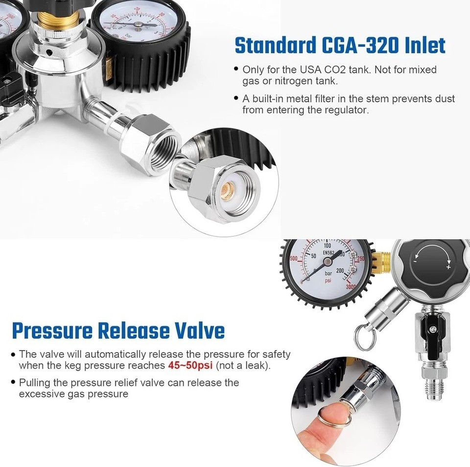 Hilangsan Dual CO2 Regulator For Kegerator - Dual Output, CGA-320 Thread, 0-60 PSI, With Swivel Nuts