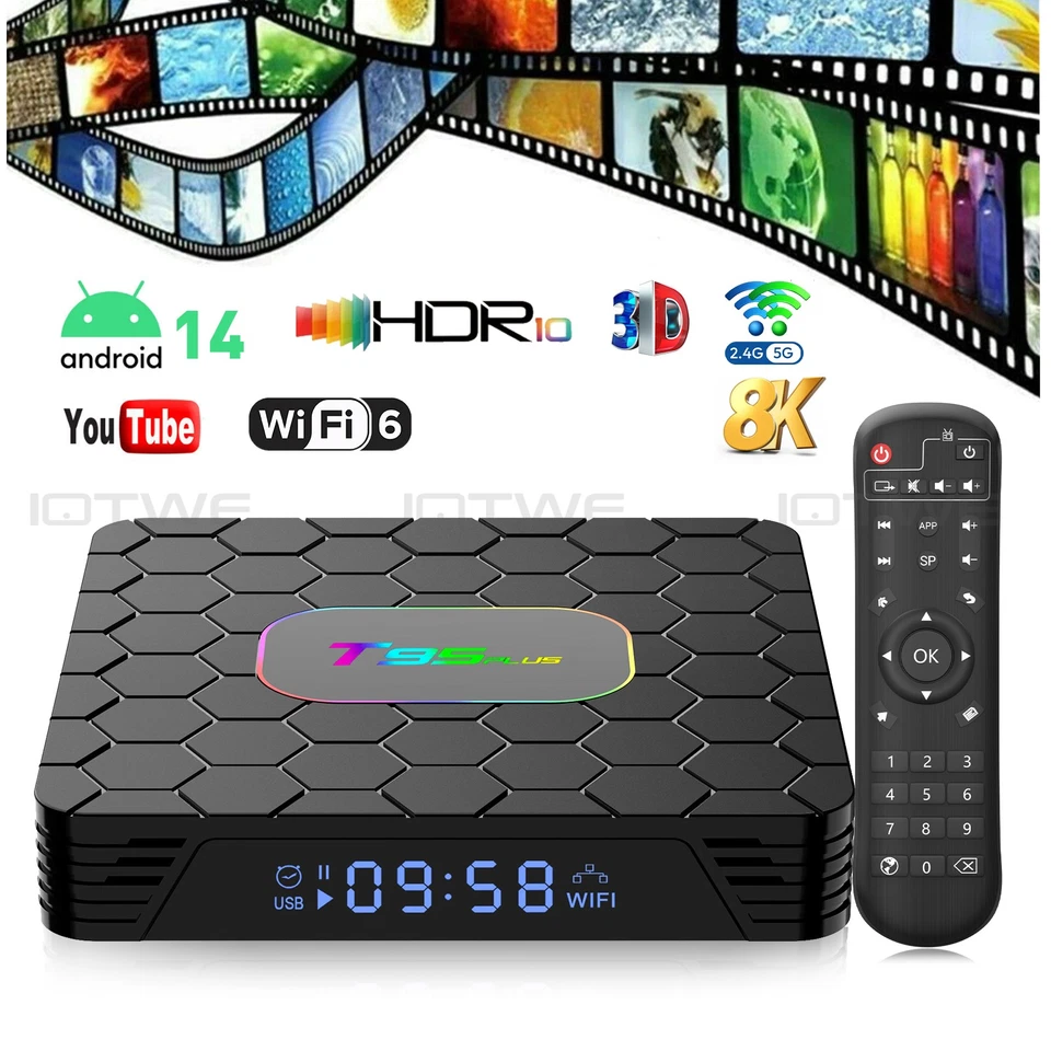 IOTWE T95PLUS Smart Android 14 TV BOX 64/128GB Doppio WIFI Rete Lettore multimediale BT5.0