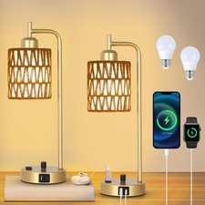 Gold Lamp for Bedroom, Boho Rattan Table Lamps Set of 2 with LED Bulbs, Bedsi...