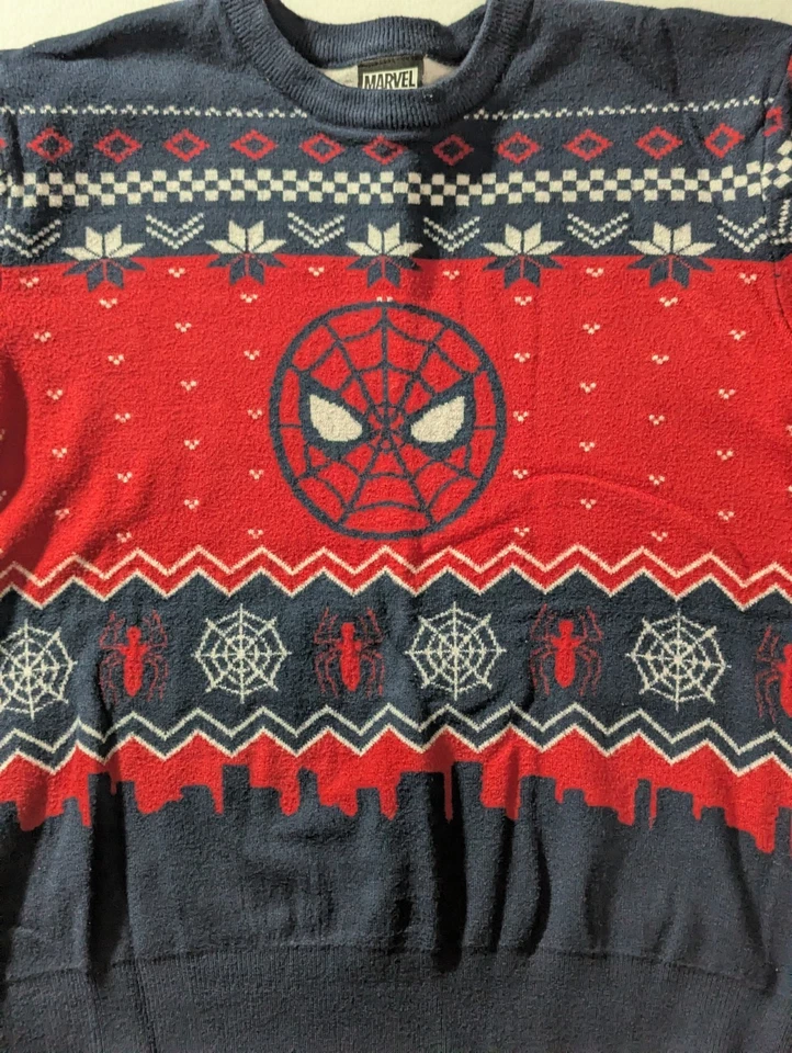 Marvel Spider-Man Navidad Suéter Juvenil Grande YL Rojo Azul Ur Universo Vacaciones Foto 3 de 4