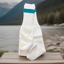 VTG Tube Socks 16 White Turquoise 80's USA Acrylic Blend Striped Blue Toe 80's
