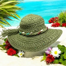 Panama Jack Paradise Green Woven Beach Hat Beaded Band Toyo Natural Straw O/S