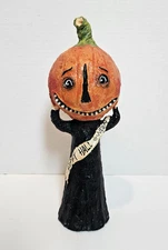 DEBRA SCHOCH Folk Art Happy Halloween Pumpkin Headed Girl w Sash 12"