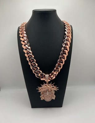 20mm Rose Gold Plated Miami Cuban Link  & Jesus Thorn Crown Pendant 2 Piece