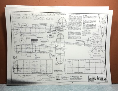 ARROW SPORT V8 BALSA FREE FLIGHT MODEL AIRPLANE PLANS 13'' WINGSPAN