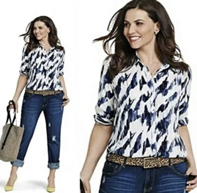 Cabi #3096 woman's Moody Blues Long Sleeve Sheer Button-Up Shirt size xs