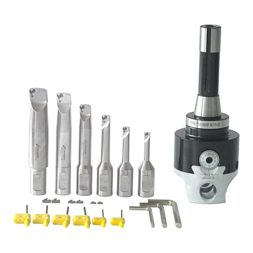 ICARBIDE NEW R8 3INCH BORING HEAD SET WITH 6 INDEXABLE BORING BAR AND 6 CARBIDE INSERTS
