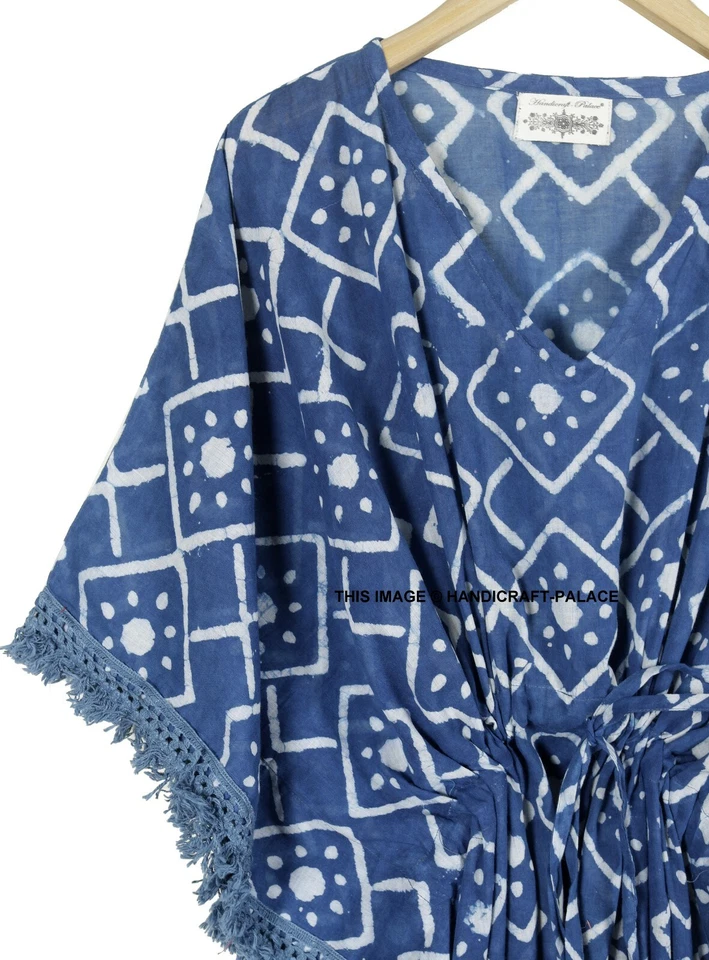 Anokhi, Vintage Indio Bloque Algodón Estampado Caftán Vestido Largo, Boho Indigo - Imagen 2 de 3