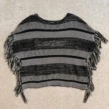 Lucky Brand Fringe Poncho Striped Knit Pullover Sweater Top Wool blend Size S