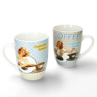 2er Kaffeebecher Set I Blau/Grau + Retro Motiv I Porzellan I A-29 Restposten - Bild 1 von 4