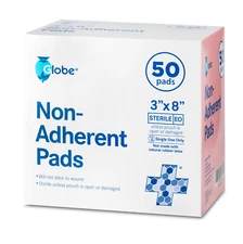 Globe Sterile Non-Adherent Pads| 50-Pack, 3” x 8”| Non-Adhesive Wound Dressing|