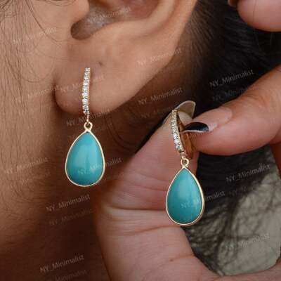 Genuine Pear Turquoise Gemstone Diamond Drop 14K Solid Gold Huggie Hoop Earrings