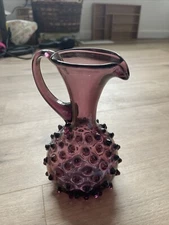 Vintage Empoli Italy Art Glass AMETHYST Pitcher Hobnail Vase Handle 7.5"