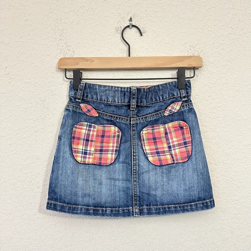 MINI BODEN Mini Jean Skirt Girls Sz 7-8Y Blue Denim Cotton Patch Apple Pocket
