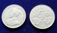 1931 Canada 5 c  | Circ | Canadian 5 cents nickel coin | King George V