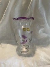 Lenox Crystal Hand Cut Purple Rim Floral Spirit Hand Painted Vase Signed 6”T 4”W