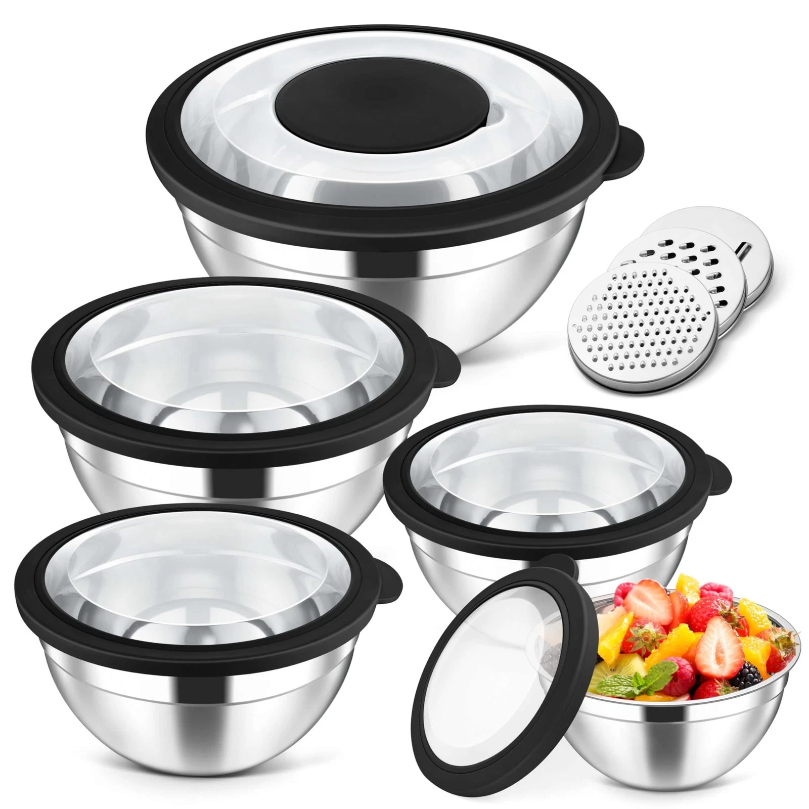 5-Piece Mixing Bowls with Visible Lids, 3 Grater Attachments, Stainless Steel...