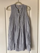 Faherty Isha Linen Dress Women's XS Blue/White Mini Stripe Sleeveless Pintuck
