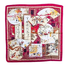 Vintage Japanese Silk Square Scarf Geisha Calligraphy Fan Print Red Gold 34x34