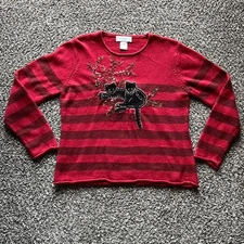Vntg Cat Sweater Susan Bristol Pullover Women XL 90s Festive Embroidered Striped