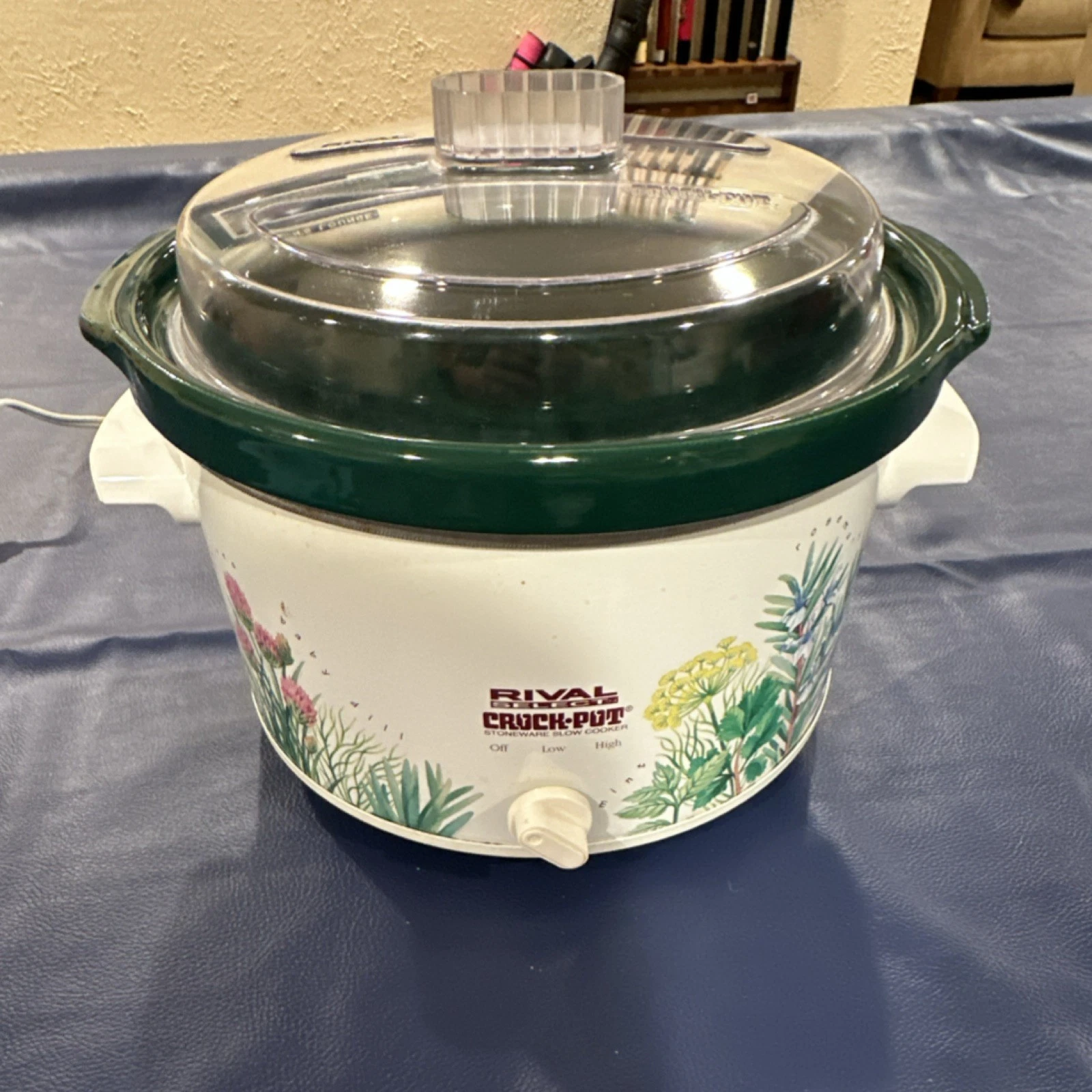 Vintage Rival Crock-Pot Slow Cooker Green Floral Stoneware Easy Clean