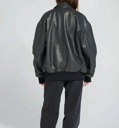 Women's Oversized Bomber Leather Jacket Black Vintage Style Classic Jacket - Picture 4 of 9