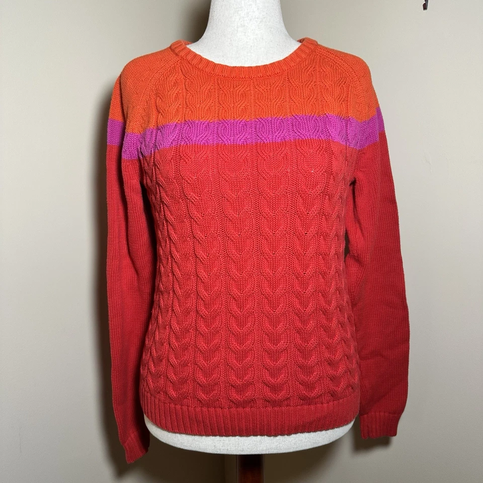 Suéter Lands’ End Drifter Tejido con Cable Bloques de Color Rojo Naranja Rosa Talla M Foto 3 de 4