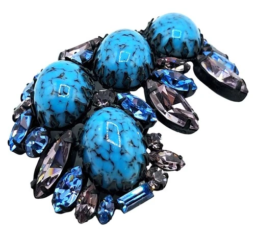 Vintage Rhinestone Brooch Blue Lavender Purple Matrix Cabochons Costume Jewelry