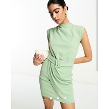 ASOS Belted 60's Classy Preppy Femme Sage Green Soft Girl Mini Dress 10 Classy