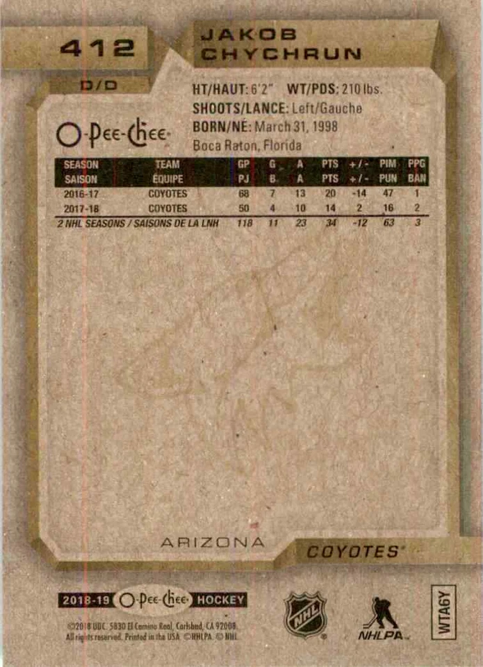2018-19 O-Pee-Chee Jakob Chychrun #412 - Image 2 of 2