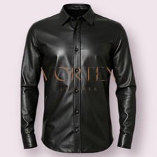 Men's Genuine Lambskin Leather Shirt Classic Stylist Black Leather Shirt