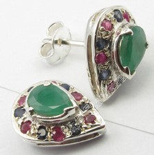 .925 Silver Fancy EMERALD, RUBY & BLUE SAPPHIRE COLORFUL Stud Earrings 0.6"