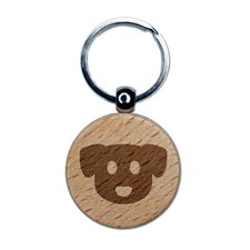 Simple Puppy Dog Head Icon Engraved Wood Round Keychain Tag Charm