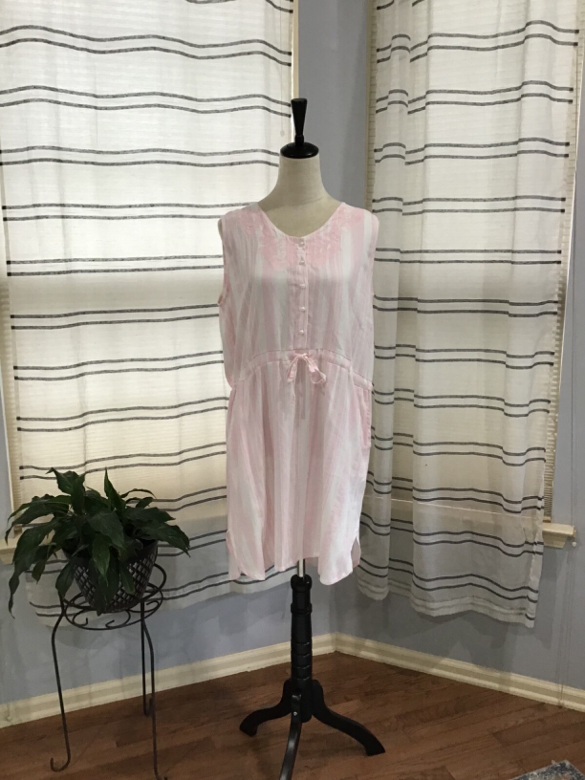 Cotbox Womens Size Large Embroidered Summer Day Dress Pink White Stripes Cottage