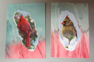 2-Cardinal-Collages-amp-Original-watercolor-ACEO-2-5-x-3-5-art-card-R-Tobaison