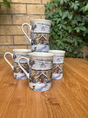 4er Set Fine China Tassen Weihnachten Rotkehlchen Motiv Design Tassen