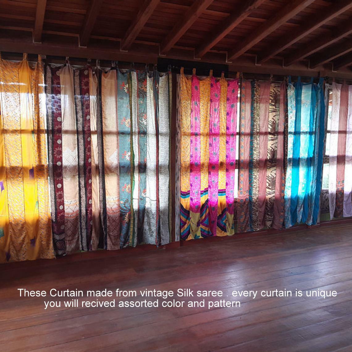 2 Pcs Indian Sari Patchwork Curtain Drape Window Decor Multi Silk