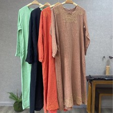 Colorful Embroidered Linen A-line Skirt Plus Size Robe Womens Loose Long Dresses