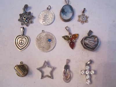 12 STERLING SILVER PENDANTS - MANY WITH GEMSTONES - ASSORTED - BOX S