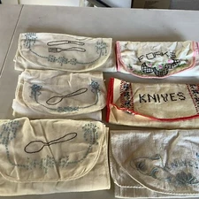 6 Linen Storage Pouch Floral Embroidery Silverware Utensil Holders Knife Forks +