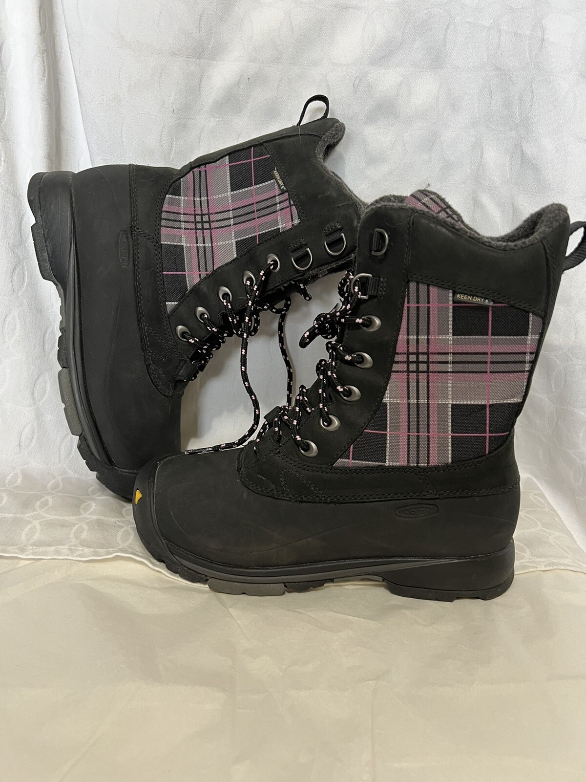 Stivali invernali con lacci Keen Dry Snowden neri rosa a quadretti foderati taglia 7 donna in perfette condizioni!!