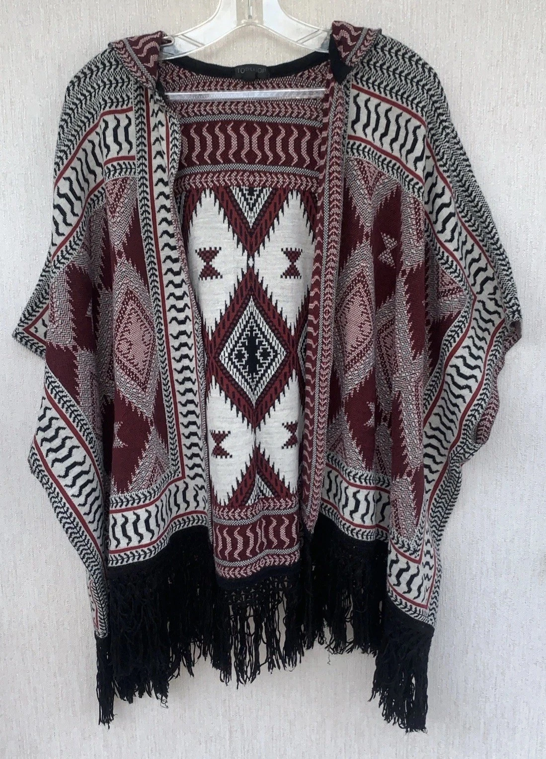 Topshop Poncho Cardigan aztec Boho Fringed Hooded red white black sz small