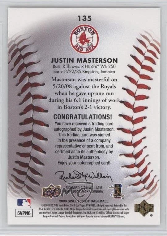 2008 Sweet Spot Sweet Beginnings /399 Justin Masterson #135 Rookie Auto RC - Image 2 of 2