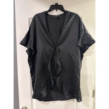Victorias Secret Black Satin Love VS Graphic Tie Front Ruffle Kimono Robe OS