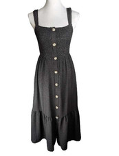 Grace Karin Black Midi Dress Sz S Square Neck Bohemian Flowy Lined Pockets