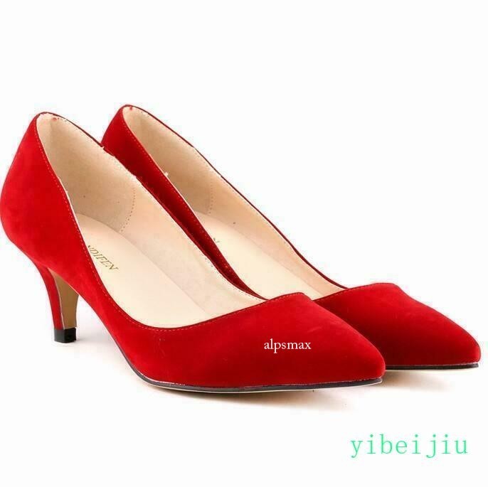 Women‘s Mid Kitten Heel Shoes Suede OL Slip On Clubwear Dress Pumps Career